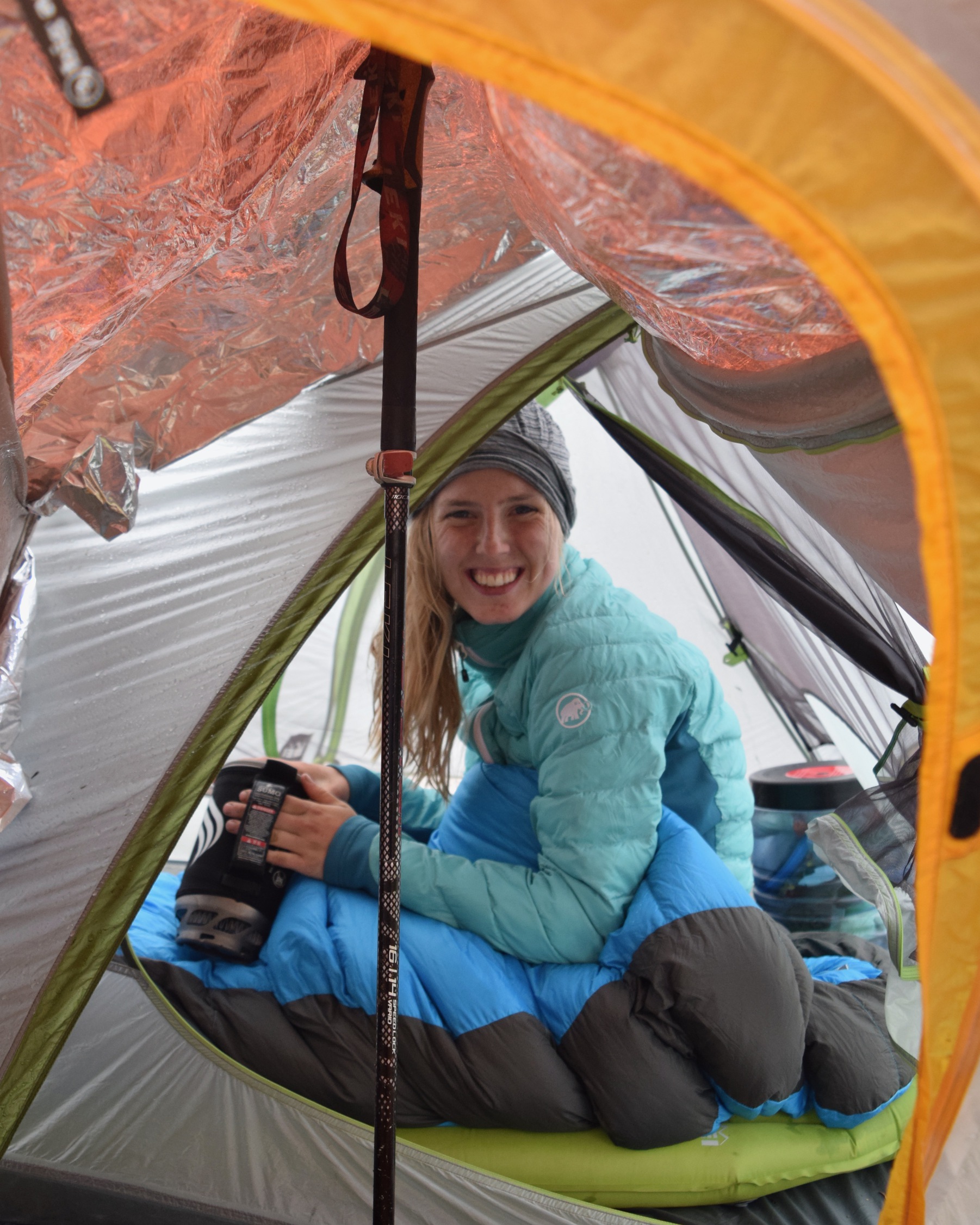 Julie Luce in a tent in a thunderstorm in Washington