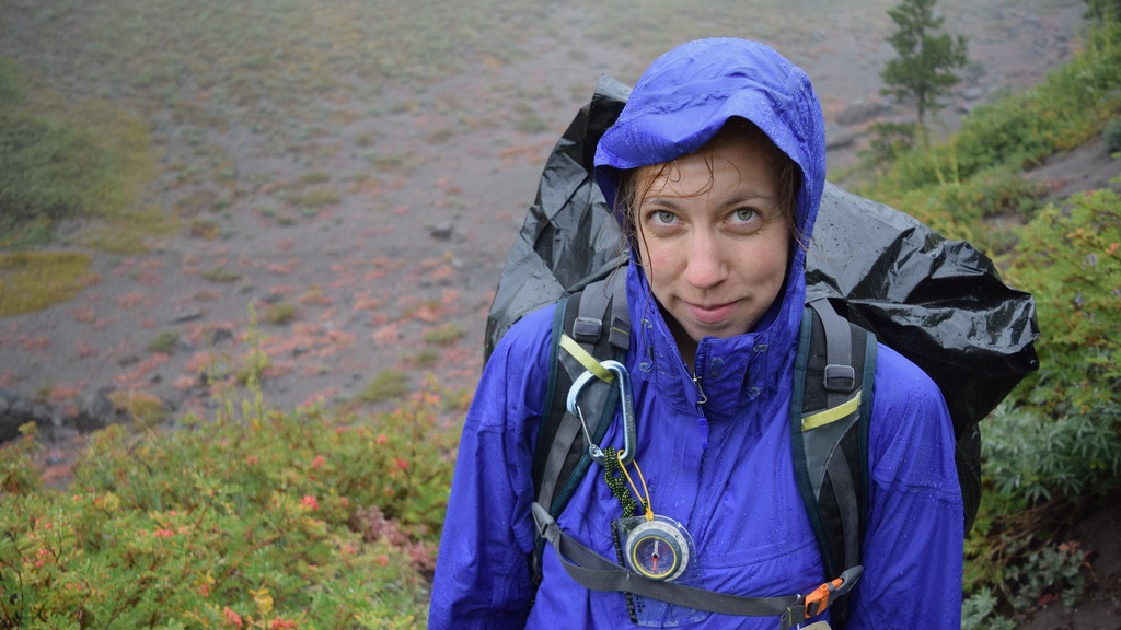 Alyssa Hursh backpacking in the rain